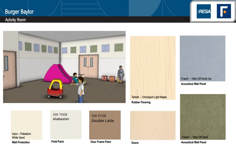 Burger Baylor Activity Room Rendering showing different color schemes