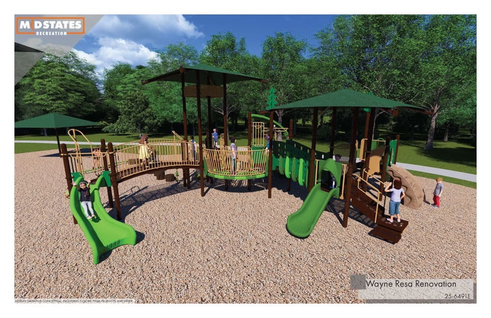 Wayne Resa Renovation Rendering - Playground Ground View with slides and children playing