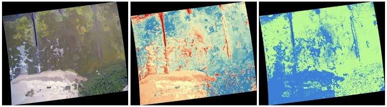 Three aerial images showing vegetation analysis: original photo, color-enhanced map, and Green Leaf Index visualization