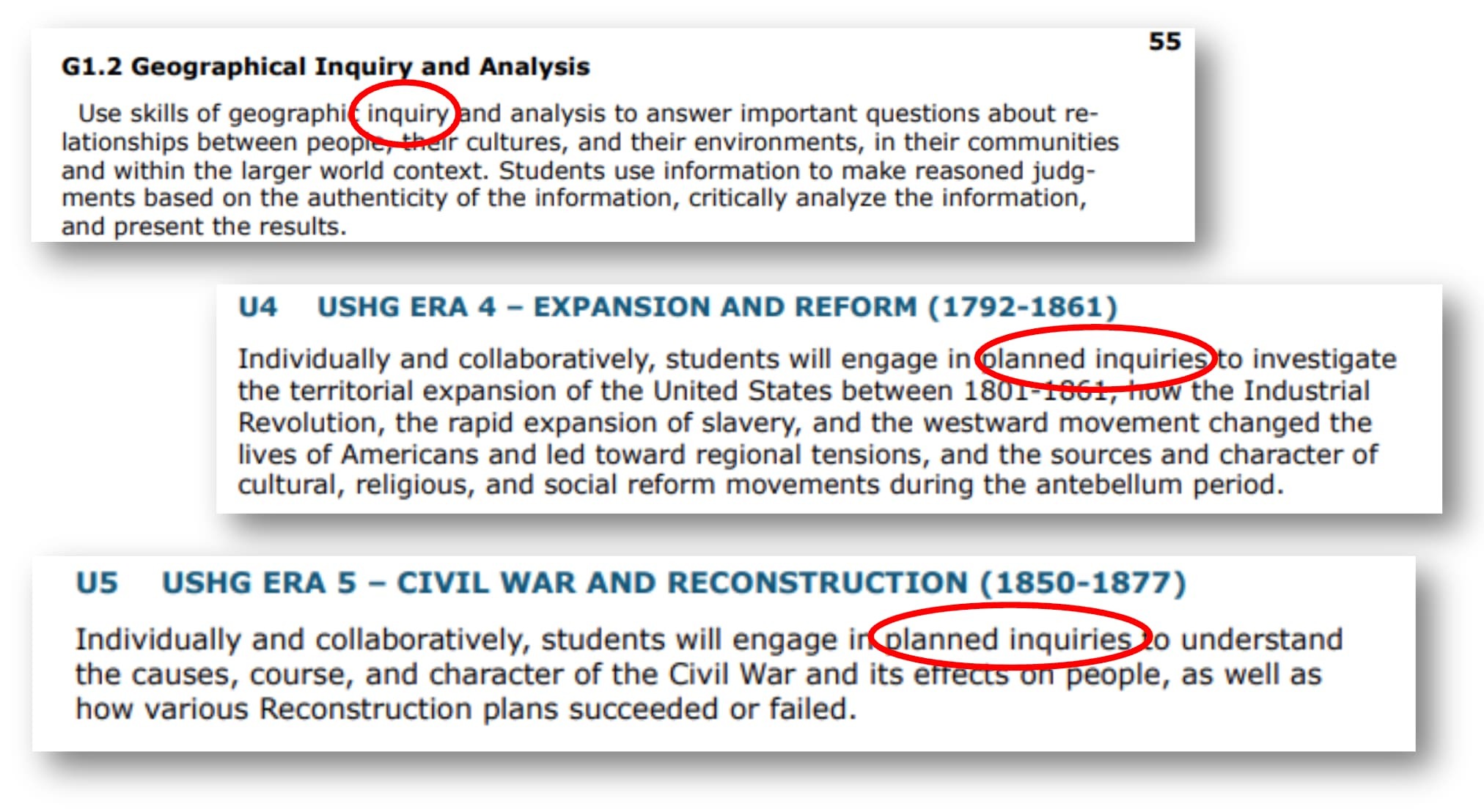 The word inquiry circled on several examples of history subjects