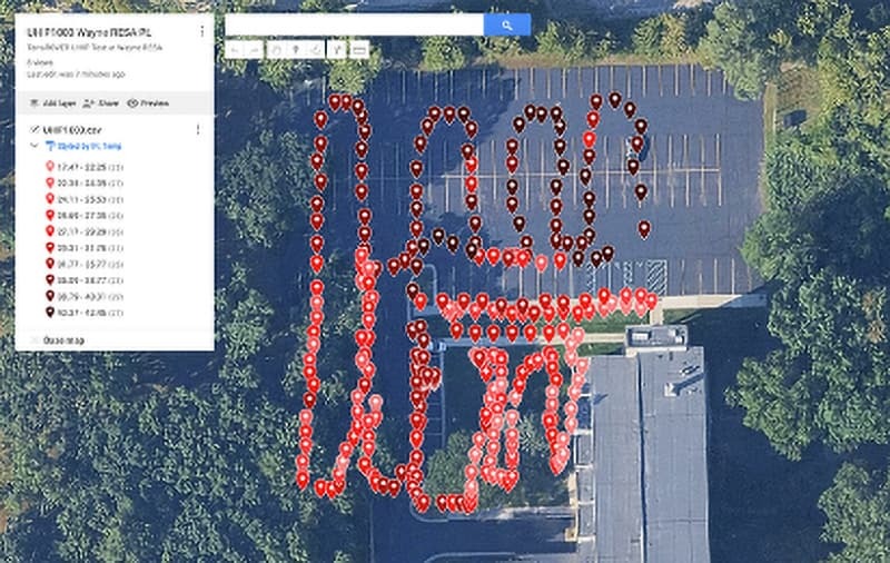 UHIP Surface Temperature Data Plot: Google My Maps - Different surface temp heat pinpoints shown on an aerial view of a school